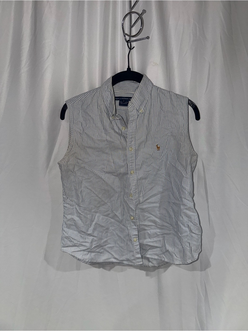 Ralph Lauren Sport Sleeveless Button Down Shirt White Navy Stripes Vintage